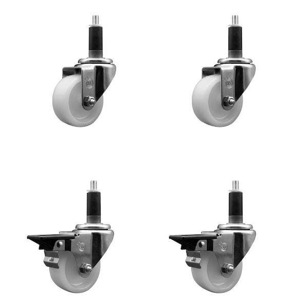 3'' Nylon Wheel Swivel 1-1/8'' Expanding Stem Caster Set 2 Brakes, 4PK